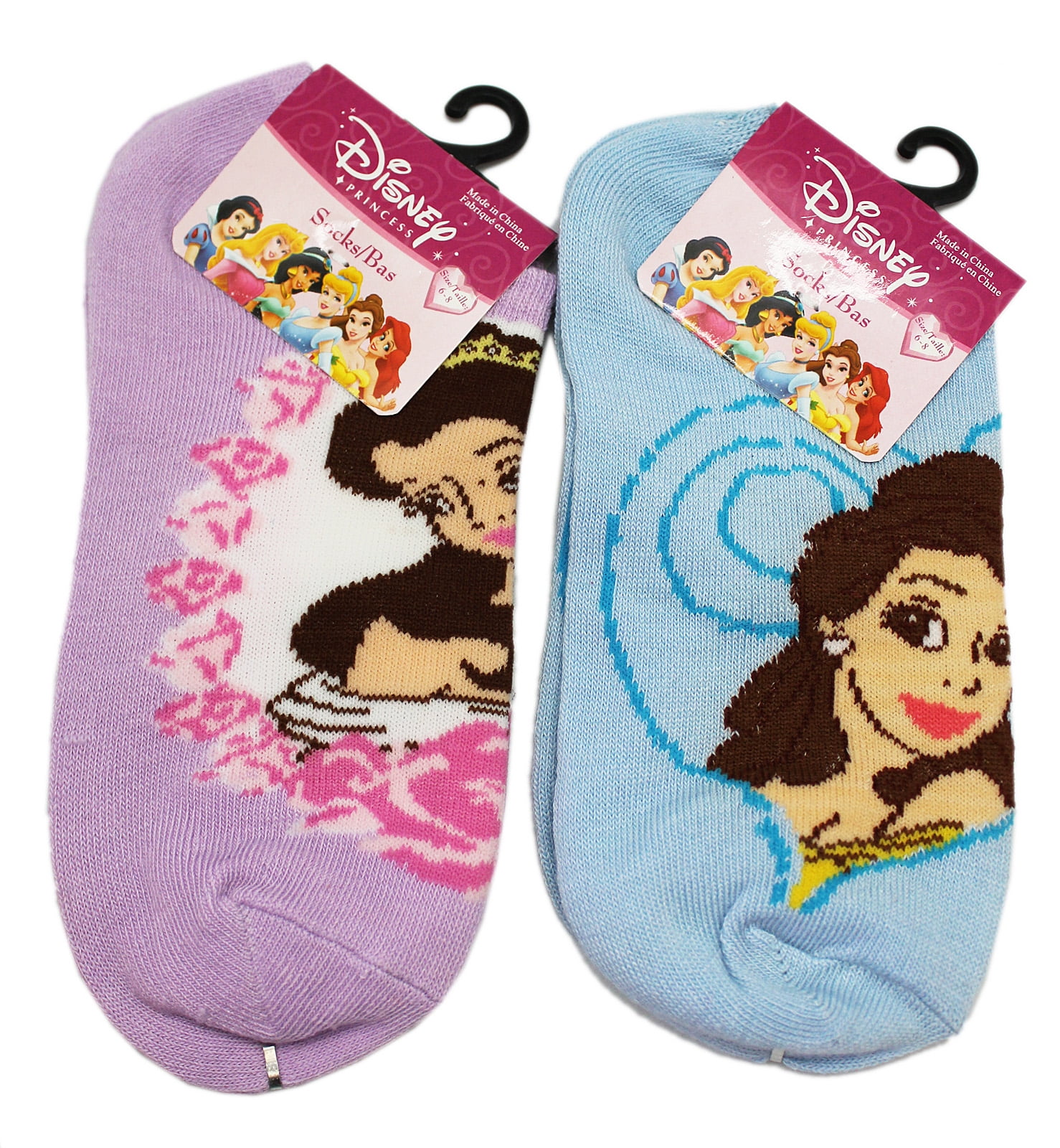 Kids Size 6-8 Disneys Princess Belle Blue and Lavender Colored 2 Pair Sock Set