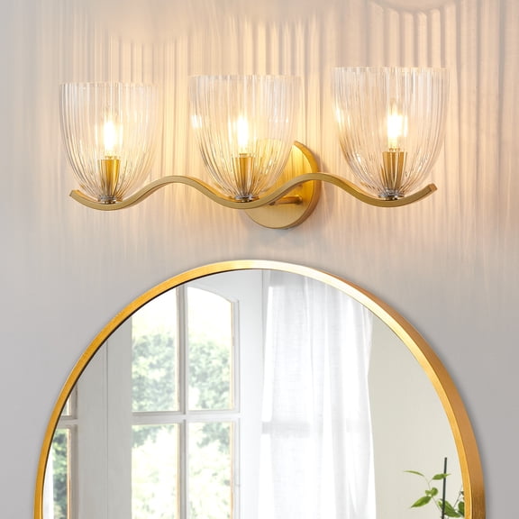 KAWOTI 24 in. 3-Light Painted Gold Vanity Light with Clear Ribbed Glass Shade