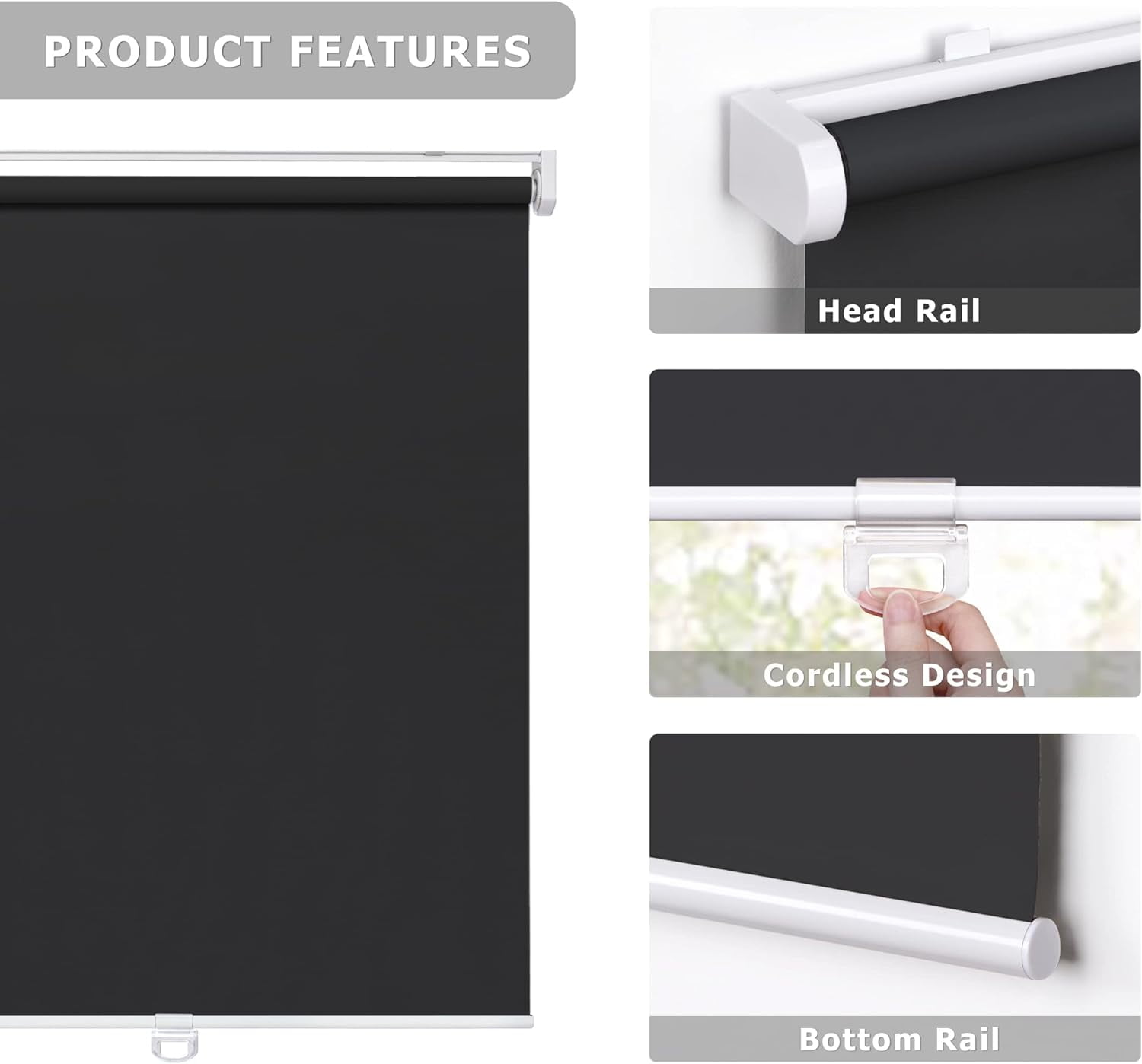 LazBlinds No Tools No Drill Cordless Roller Shades, 100% Blackout Roller Blinds for Windows, Thermal Insulated UV Protection Waterproof Roll Up Window Blinds and Shades, 32'' W x 72'' H, Black