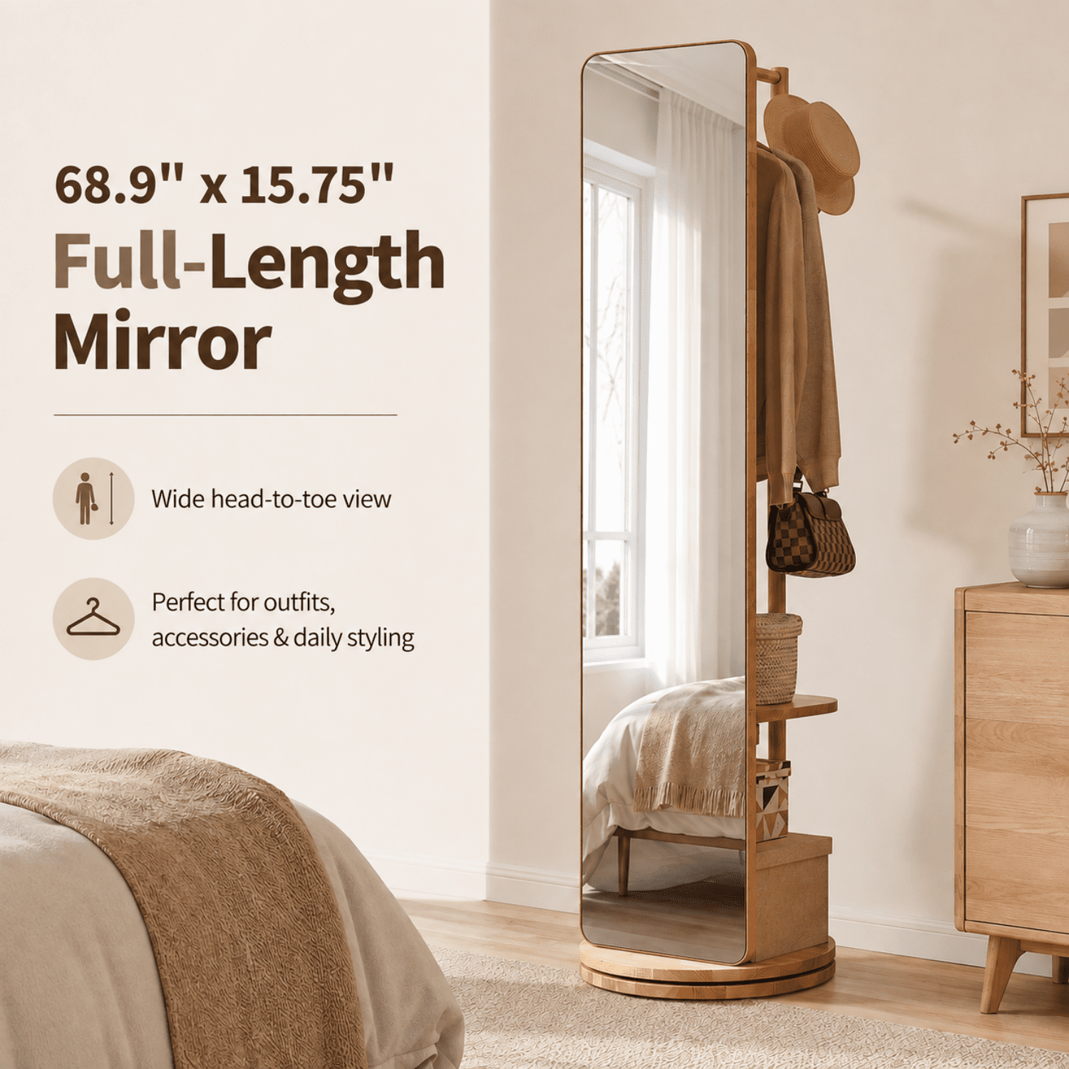 Miniyam Full Length Mirror with Coat Rack and Storage, 68.9" x 15.75" 360° Rotating Solid Wood Standing Mirror for Bedroom and Entryway, Natural