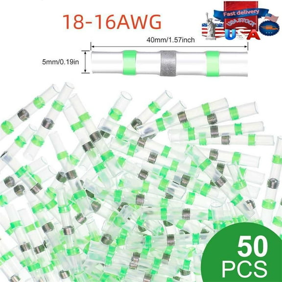 50PCS Green Solder Seal Wire Connector AWG18-16 Heat Shrink Butt Splice Terminal