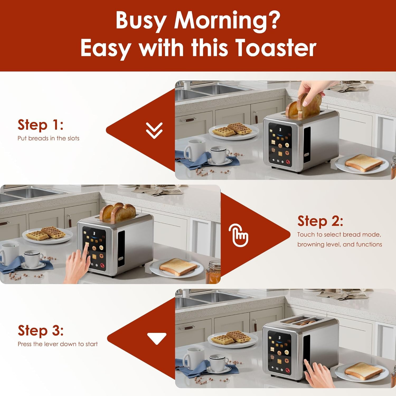 WHALL Touch Screen Toaster 2 Slice, 1.5'' Extra Wide Slot Stainless Steel Toaster with Digital Timer, 6 Bread Types & 6 Shade Settings, Crumb Tray, Reheat/Defrost, Smart Toasters for Breads