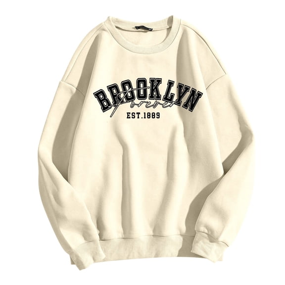 2026 Women Sweatshirts Long Sleeve Crew Neck Drop Shoulder Letter Print Plus Size Clothes Trendy Beige