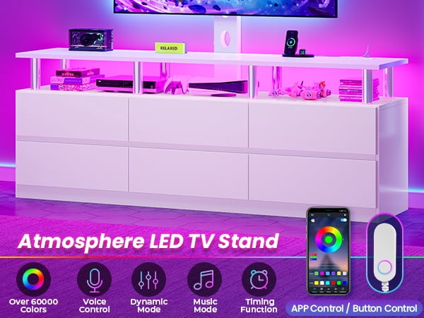 Afuhokles TV Stand with Mount and Power Outlet, TV Mount for up to 75 inch TVs, Modern LED TV Stand with 6 Drawers, White