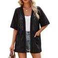 thumbnail image 2 of IYYVV Womens Crochet Beach Cover Up Kimono Short Sleeve Swimsuit Coverup Open Front Summer Cardigan with Pockets Black M, 2 of 6