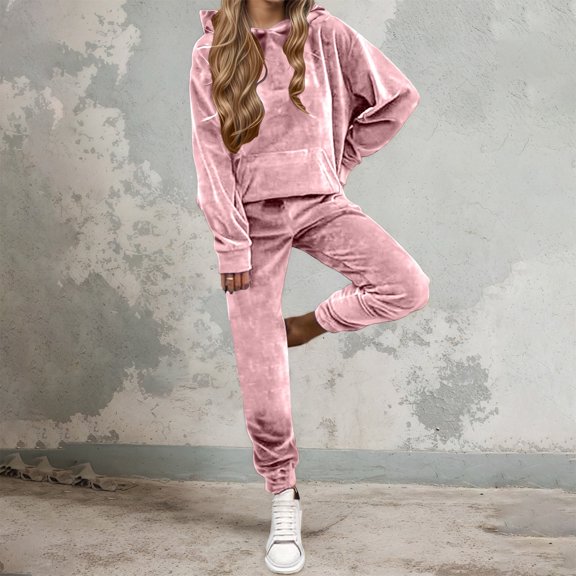 IUYRTFE Women's Velour Zip Up Hoodie and Jogger Pants 2 Piece Casual Tracksuit Set