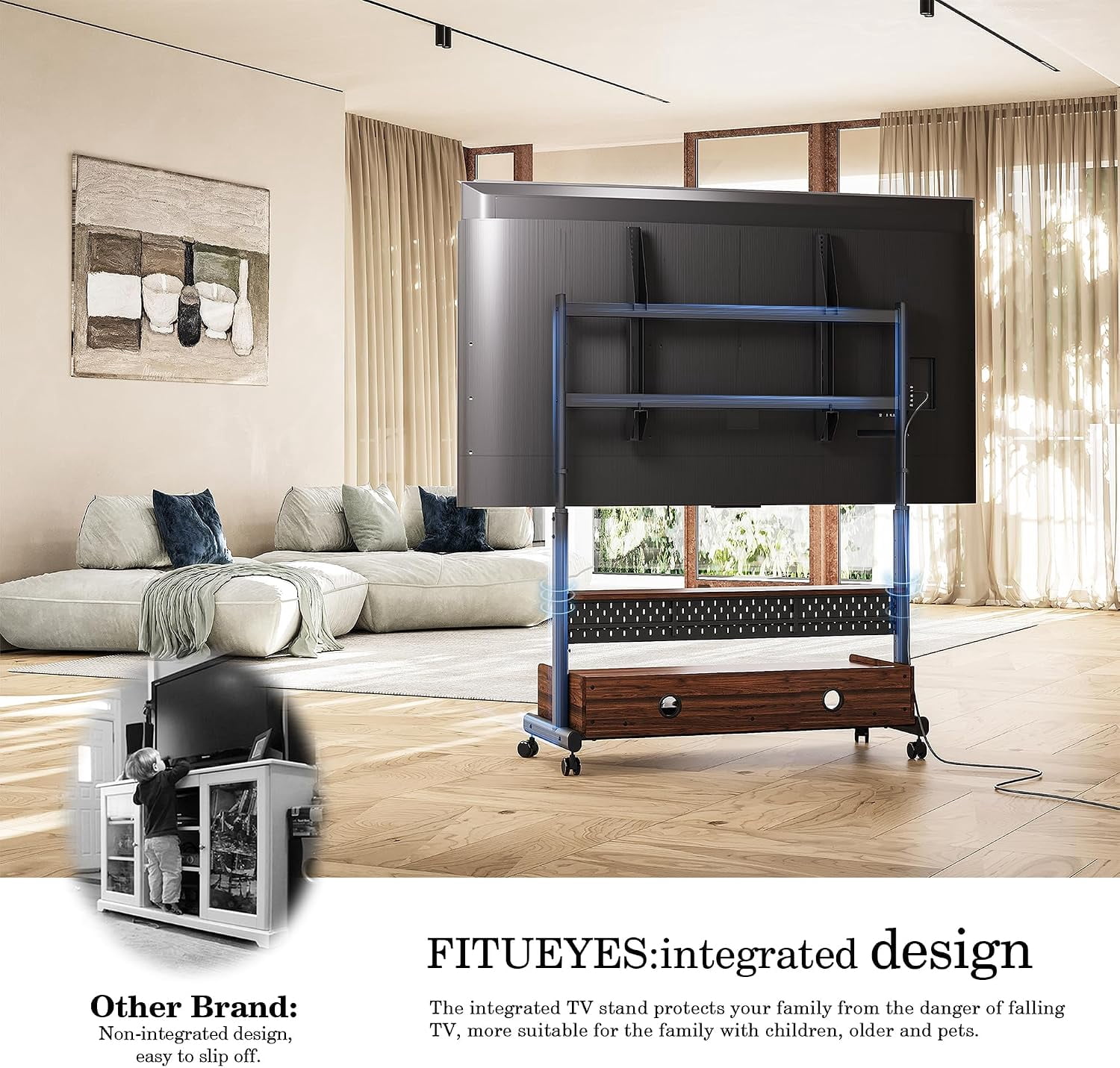 FITUEYES Rolling TV Stand for 70–100 Inch TVs, Black & Walnut, Wood Shelf & Pegboard