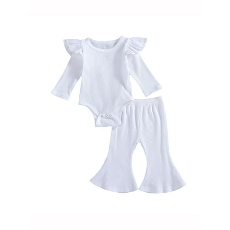 

Baby Girl Solid Color Clothes Sets Cotton Bodysuit Tops Flared Pant Bell Bottom Outfits