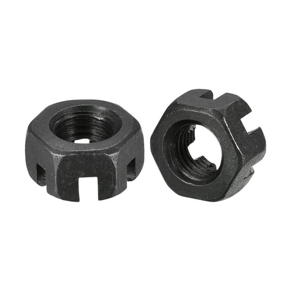 M10x1.25mm Hexagon Slotted Nut, Grade 4.8 Carbon Steel Hex Nut, Black, 12Pack