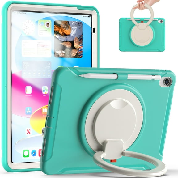 TECH CIRCLE for Apple iPad 10th Generation Case 10.9 inch 2022,360 Rotation Stand Heavy Duty Shockproof Rugged Soft Silicone Protective Case with Pencil Holder for Kids Girls Women,Mint