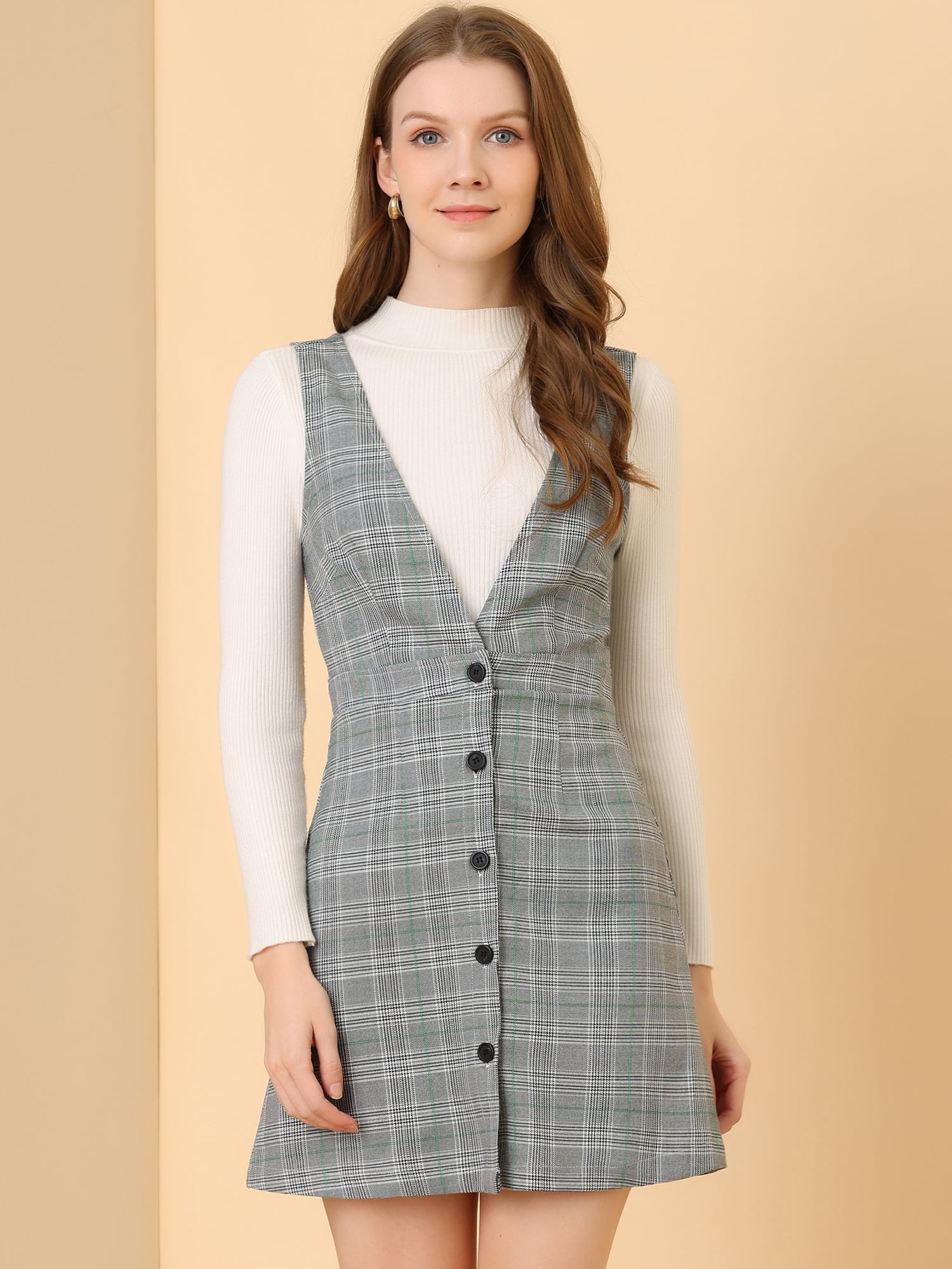 DARING DIVA Houndstooth Plaid Suspenders Pinafore Overall Dress XL Black Green
