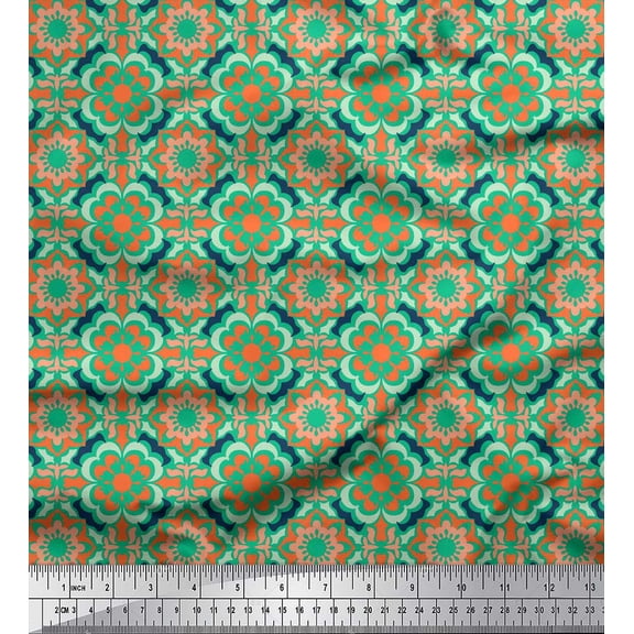 Soimoi Green Cotton Duck Fabric Seamless Moroccan Damask Print Fabric by the Yard 42 Inch Wide