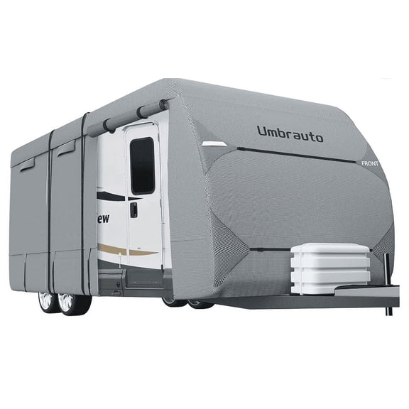 RV Cover Umbrauto 7 Layers Top Camper Cover Windproof Travel Trailer Cover for RV, Toy Hauler Cover with Tongue Jack Cover, Extra Windproof Ropes, Gutter Covers