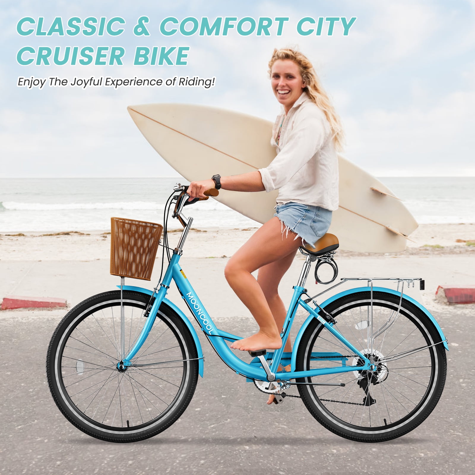 MOONCOOL 24/26 Inch Cruiser Bike for Women, 7 Speed Step-Through Bicycle with Basket, Rear Rack & Lock, Retro City Bike for Adults