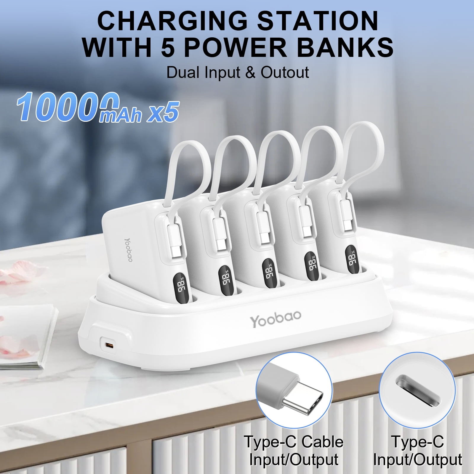 Yoobao 10000mAh Portable Charger with Charging Dock - 22.5W Fast Charging Power Bank with USB-C Cable for iPhone Samsung Android, 5 in 1 Charging Station for Home Office Restaurant, White