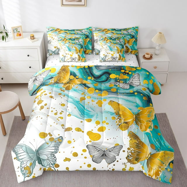 Golden Butterfly 7 Piece Comforter Set Full Bed in a Bag,Green Marble Grain Bedding Sets Abstract Marble Texture Design Marbling Sheet Set with Comforter