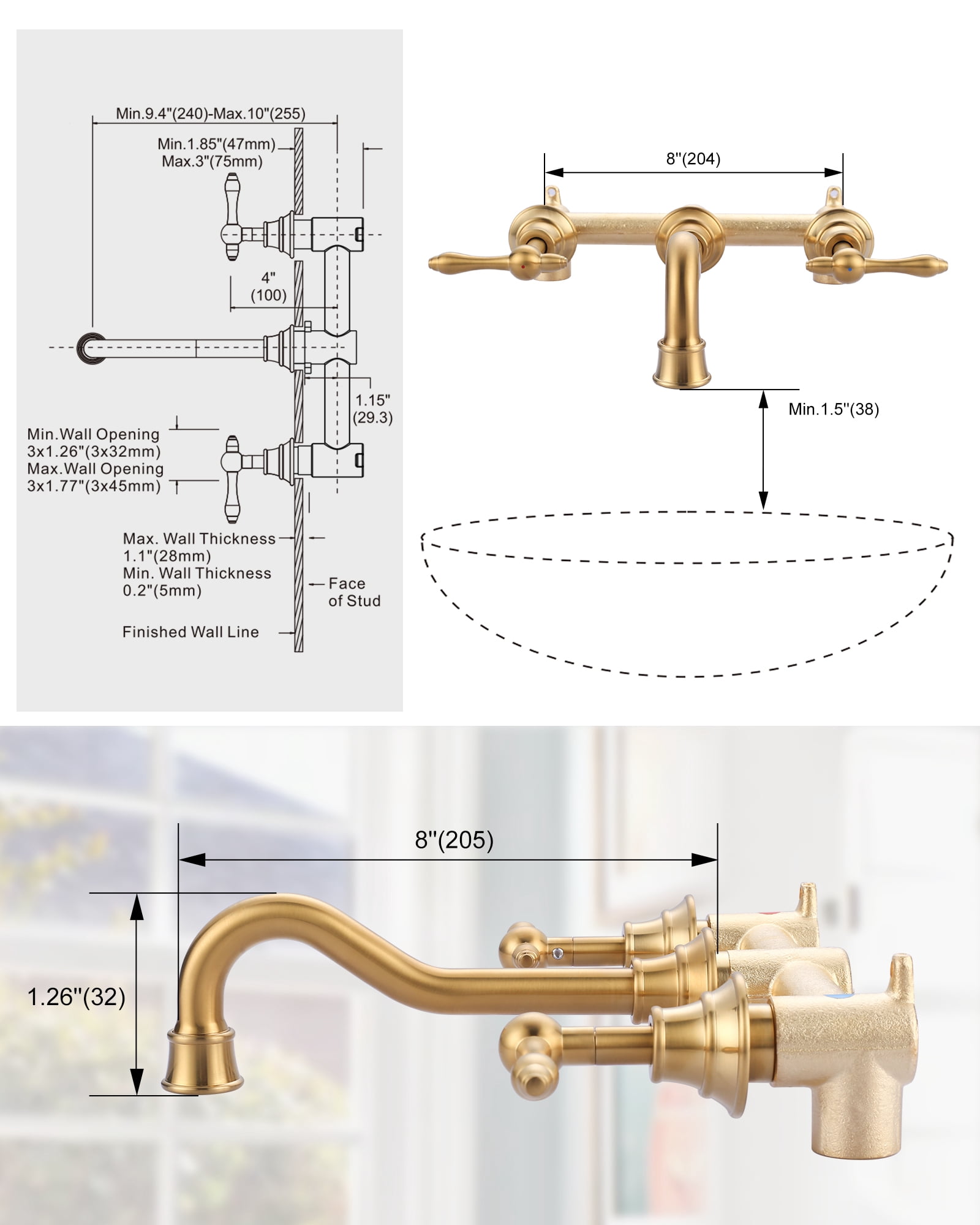Wowow 8 in. Wall Mount 2-Handle Bathroom Sink Faucets Brass and Rough-in Valve Included,Brushed Nickel