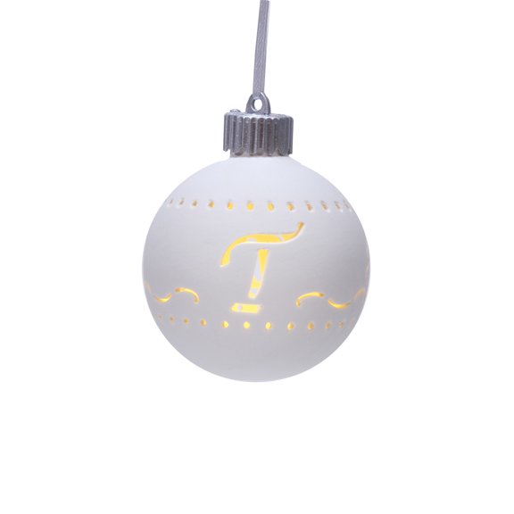T LED Monogram White Bisque 4 x 4 Porcelain Ceramic Decorative Hanging Ornament
