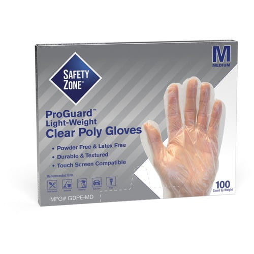 Safety Zone Clear Powder Free Polyethylene Gloves - Large Size - Clear - Die Cut, Heat Sealed Edge, Embossed Grip, Latex-free, Silicone-free, Recyclable - For Food - 100 / Pack - 11.75 Safety Zone Clear Powder Free Polyethylene Gloves - Large Size - Clear - Die Cut, Heat Sealed Edge, Embossed Grip, Latex-free, Silicone-free, Recyclable - For Food - 100 / Pack - 11.75