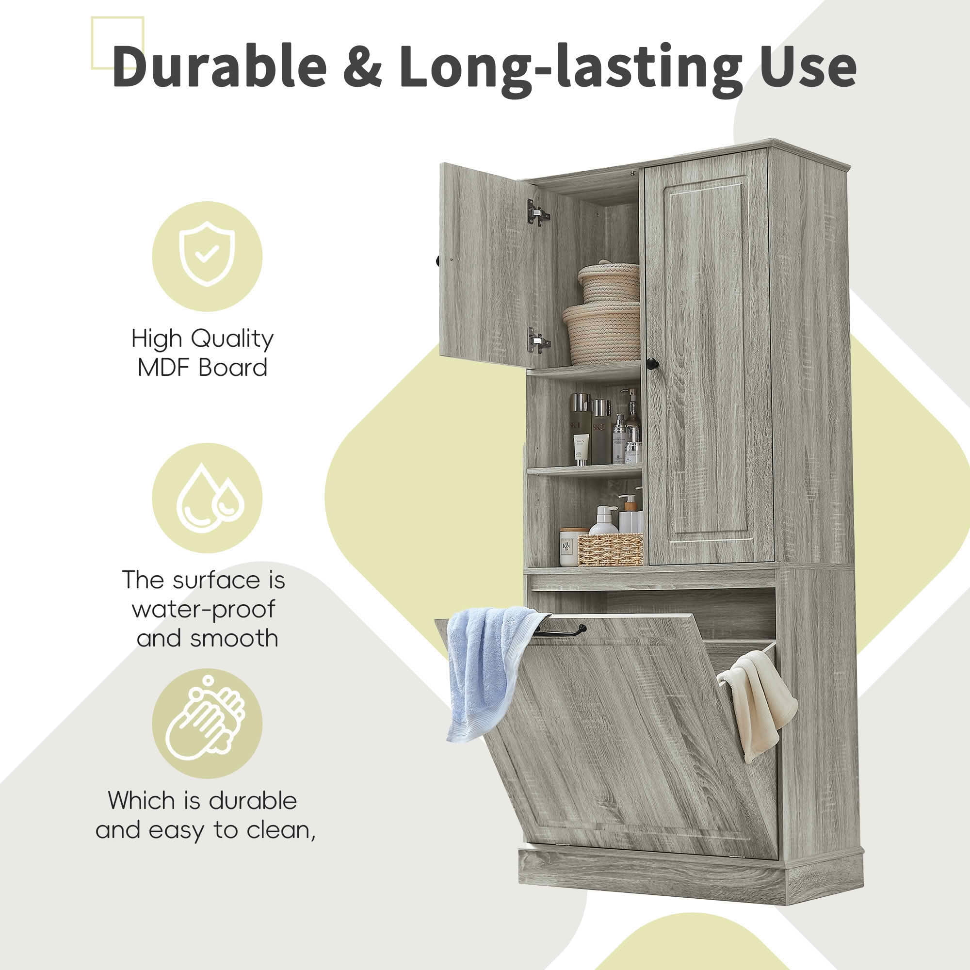 MAYEERTY Tall Storage Cabinet, Adjustable Shelves Large Flip-Out Basket Enclosed Cabinets MDF Aluminum Alloy Handles, Bathroom Living Room Office