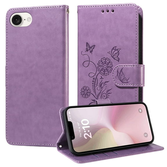 for iPhone 16e Wallet Phone Case,Women Flip Folio Cover with Credit Card Holders Emboss Butterfly & Flower PU Leather Purse Kickstand Shockproof Phone Case With Wrist Strap,Purple