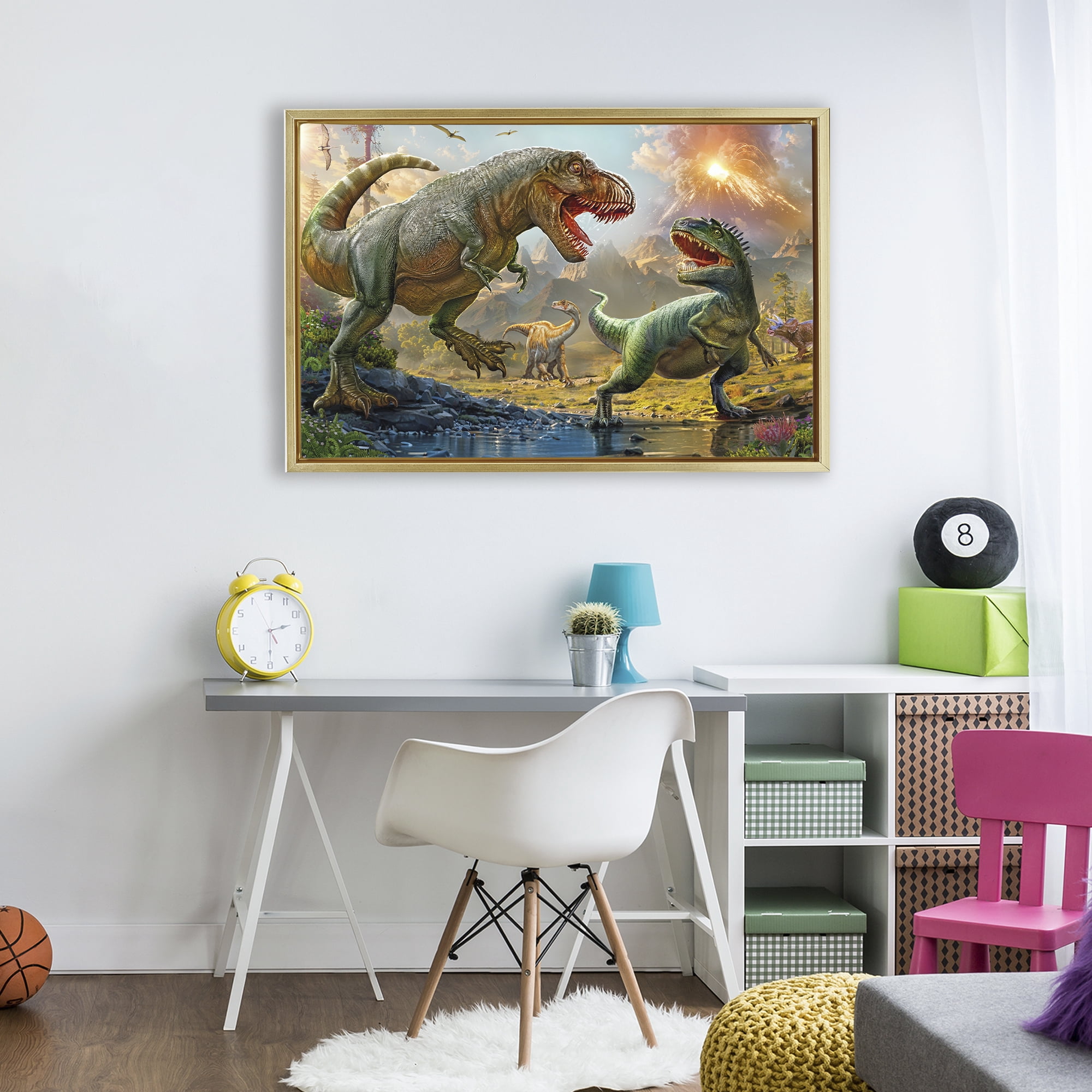 Stupell Industries T-Rex Encounter at Riverbank Gold Framed Floater Canvas Wall Art, design by Henriette Chinaglia