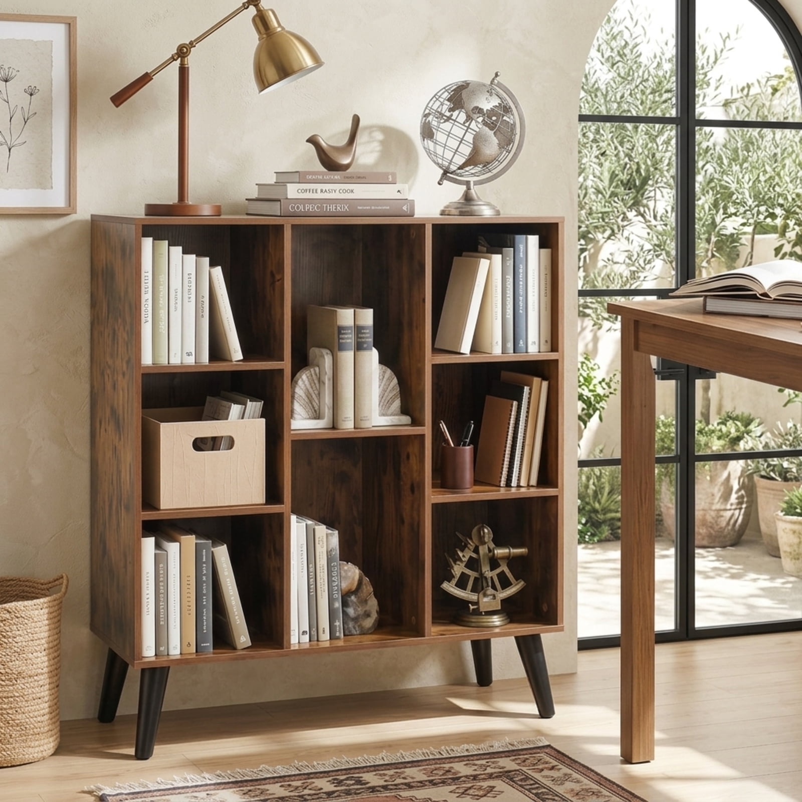 Furnibear 8-Cube Bookcase with Raised Support Legs and Anti-Tipping Kits Freestanding Wood Storage for Living Room and Study, Rustic Brown