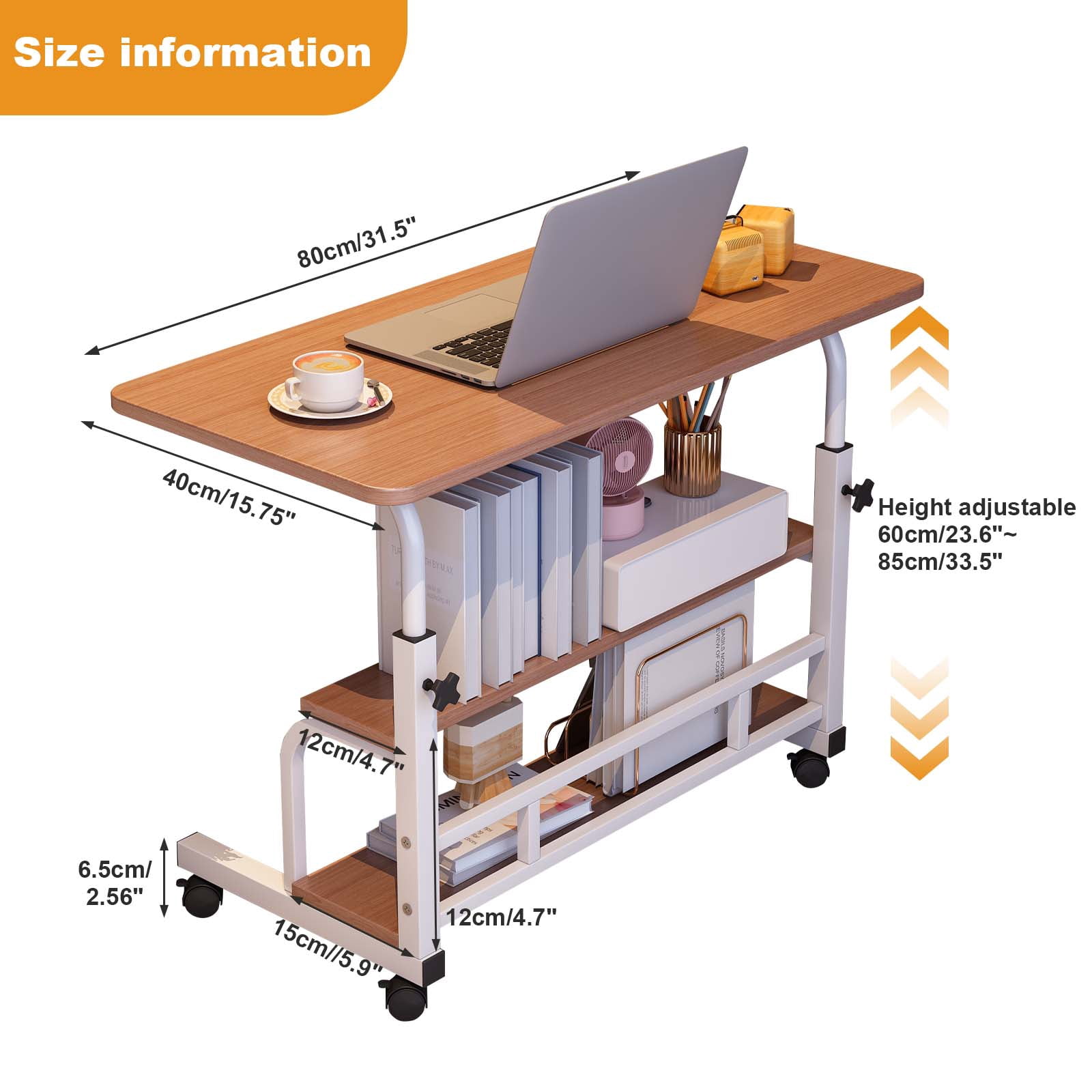 Roromall 31.5" Adjustable Height Portable Rolling Desk Mobile Standing Desk, Small Computer Table, Mobile Stand Up Table with Wheels & Storage Shelves for Home Office School