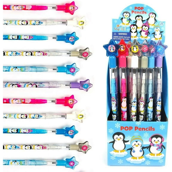 Tinymills Penguins Multi Point Stackable Push Pencils with Eraser, 24 Pcs, Holiday Stocking Stuffers