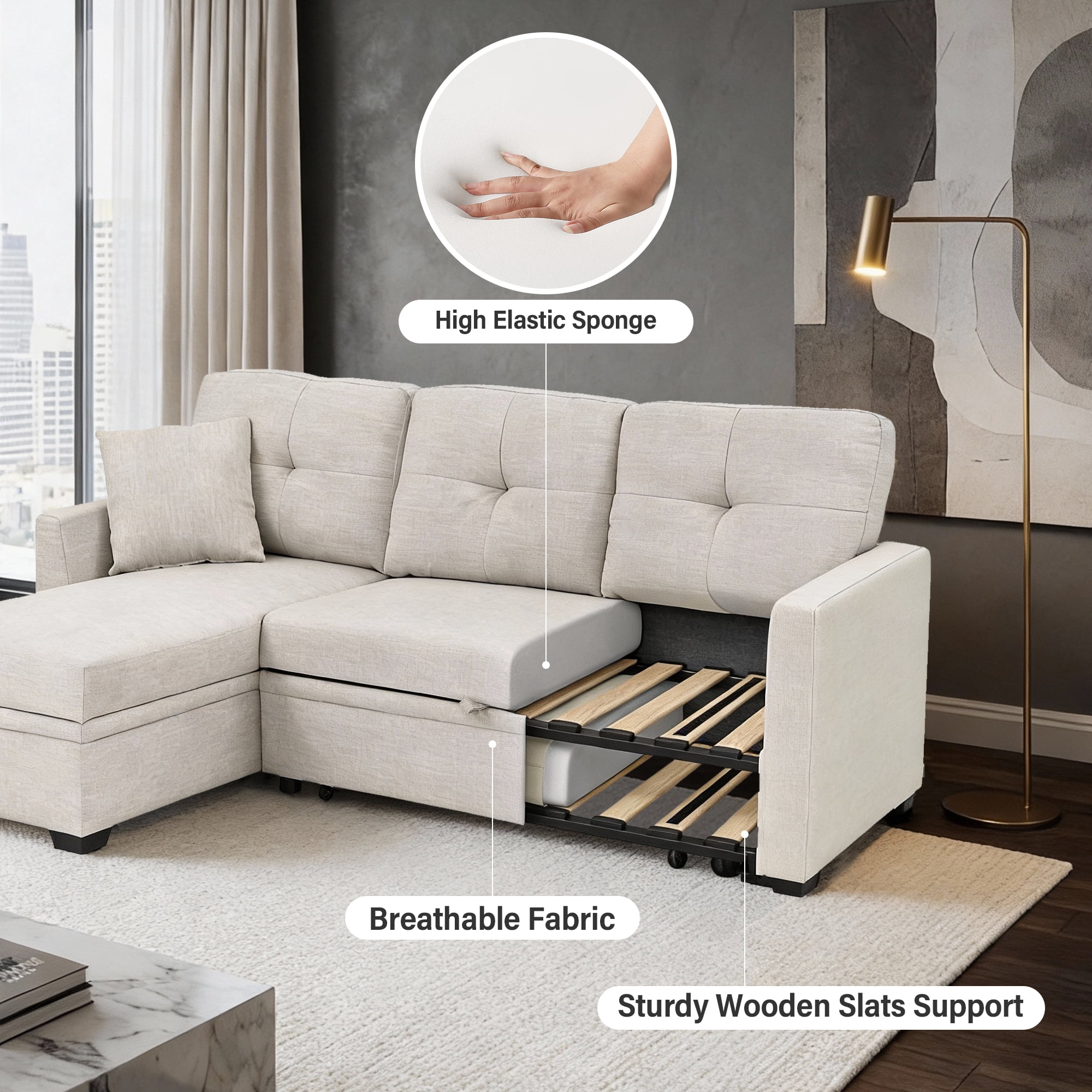 AENKYO Convertible L-Shaped Sectional Sofa Sleeper with Pull-Out Bed and Storage Chaise, Linen Upholstered Couch for Living Room，White