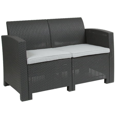 - Flash Furniture Dark Gray Faux Rattan Loveseat with All-Weather Light Gray Cushions