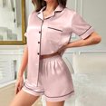 thumbnail image 4 of Horkkom Silk Short Pajama Set for Women Short Sleeve Tops Elastic Waist Shorts Silk Pajamas Summer Lightweight Cool Satin Pjs with Pocket Pink M, 4 of 6
