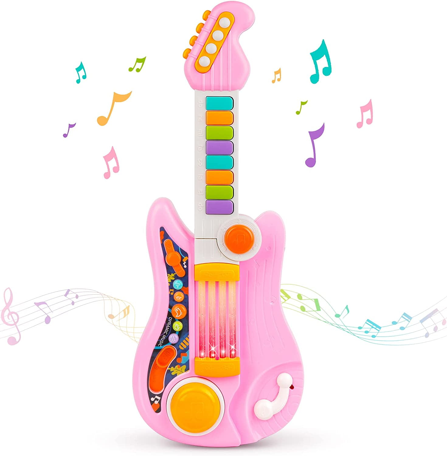 Multifunctional Kids Guitar with Piano Mode 20 Songs Lights Sensor Musical Instrument for Toddlers Gift Pink