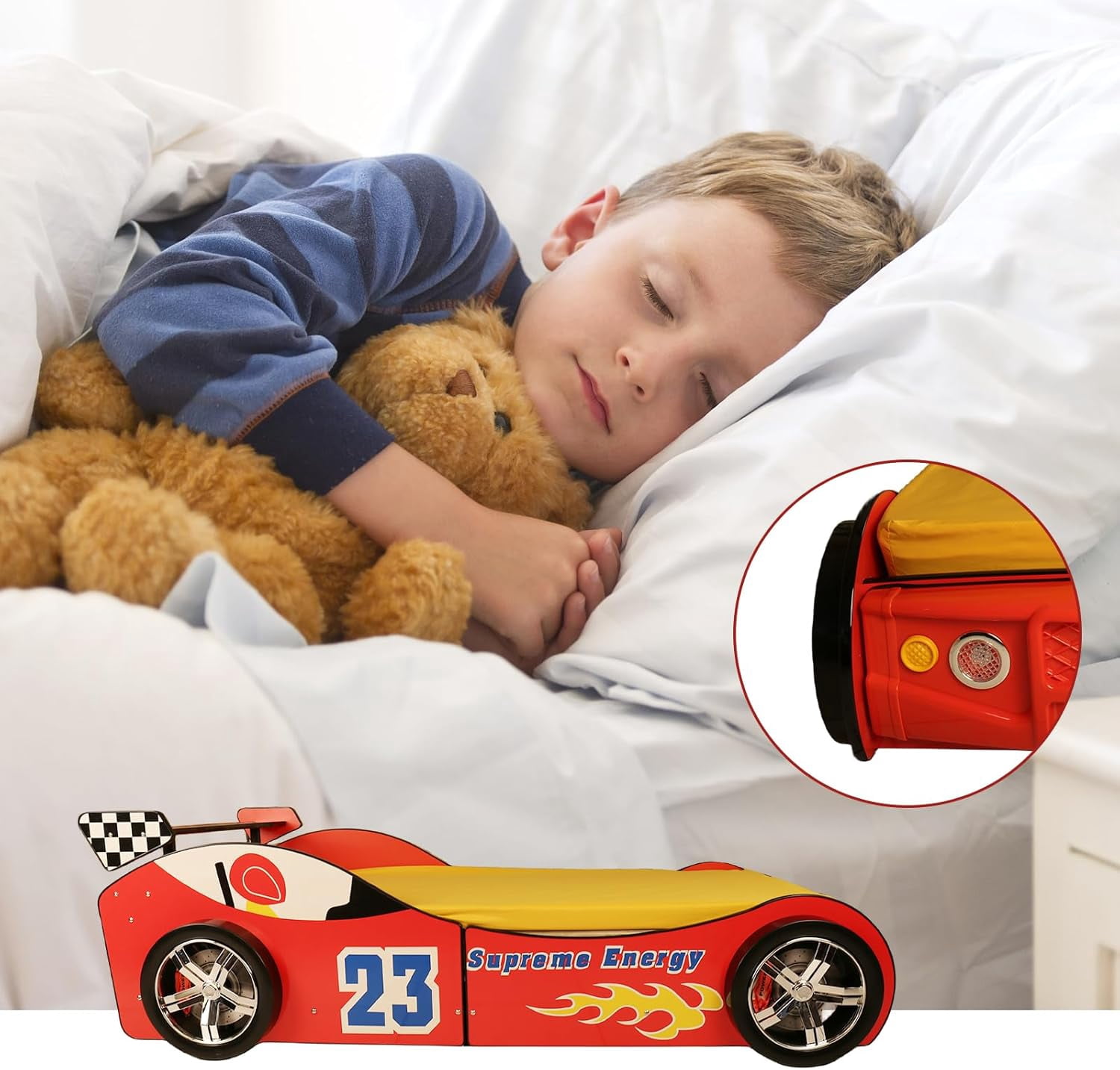 WAWOKV Twin Size Car Bed for Kids, Race Car-Shaped Wooden Platform Bed Frame with Headboard Wheels and Support Slats for Boys Toddlers Child's Bedroom (Red)