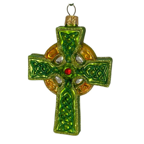 Green and Gold Celtic Cross Polish Glass Christmas Ornament Irish Decoration