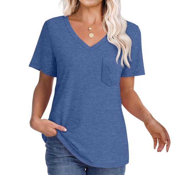 Puntoco Blusas cortas de liquidación para mujer, blusa informal de manga corta con bolsillos sólidos y escote en V para mujer