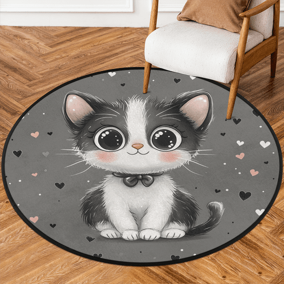 CURLYOOT Round Rug 3ft Cute Cat Area Rug, Washable Circle Mat Non Slip Floor Carpet Mat, Love Hearts Soft Indoor Rugs for Entryway Living Room Dining Room Bedroom