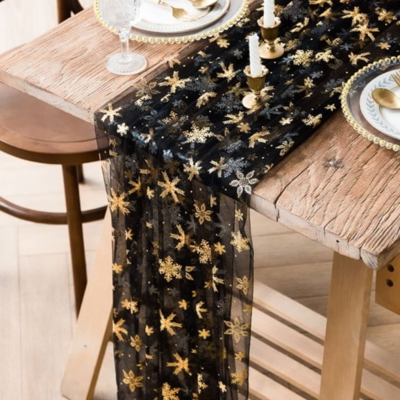 Sheer Tulle Table Runner with Foil Snowflake Print, 29.5 in x 9.84ft, Decorative Long Table Scarf for Dining Table, Holiday Party, Wedding, Christmas Dinner Decor, Gold Black