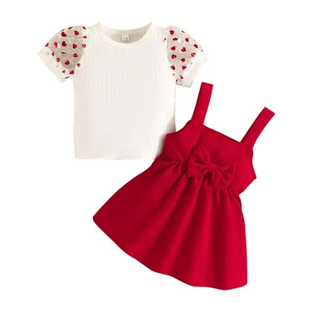 

BAYAIXZ Baby Dress Infant 2024 New Girls Valentine s Day Outfit Short Sleeve Round Neck Striped Top Solid Colour Outfit Toddler Girls Clothes 3T (Red 9M)