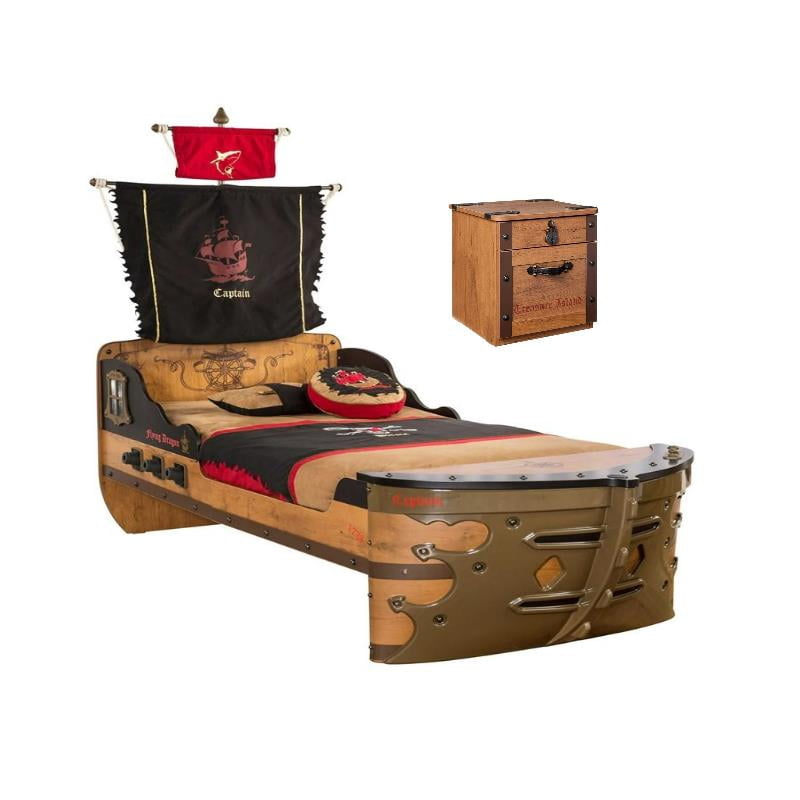 Home Square 2 Piece Set with Pirate Ship Twin Bed and Nightstand in ...