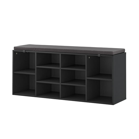 Bifanuo Shoe Storage Bench, 10 Cubbies Shoe Rack Bench with Padded Seat, Space Saving Shelf for Entryway, Living Room, Hallway, Bedroom, Black