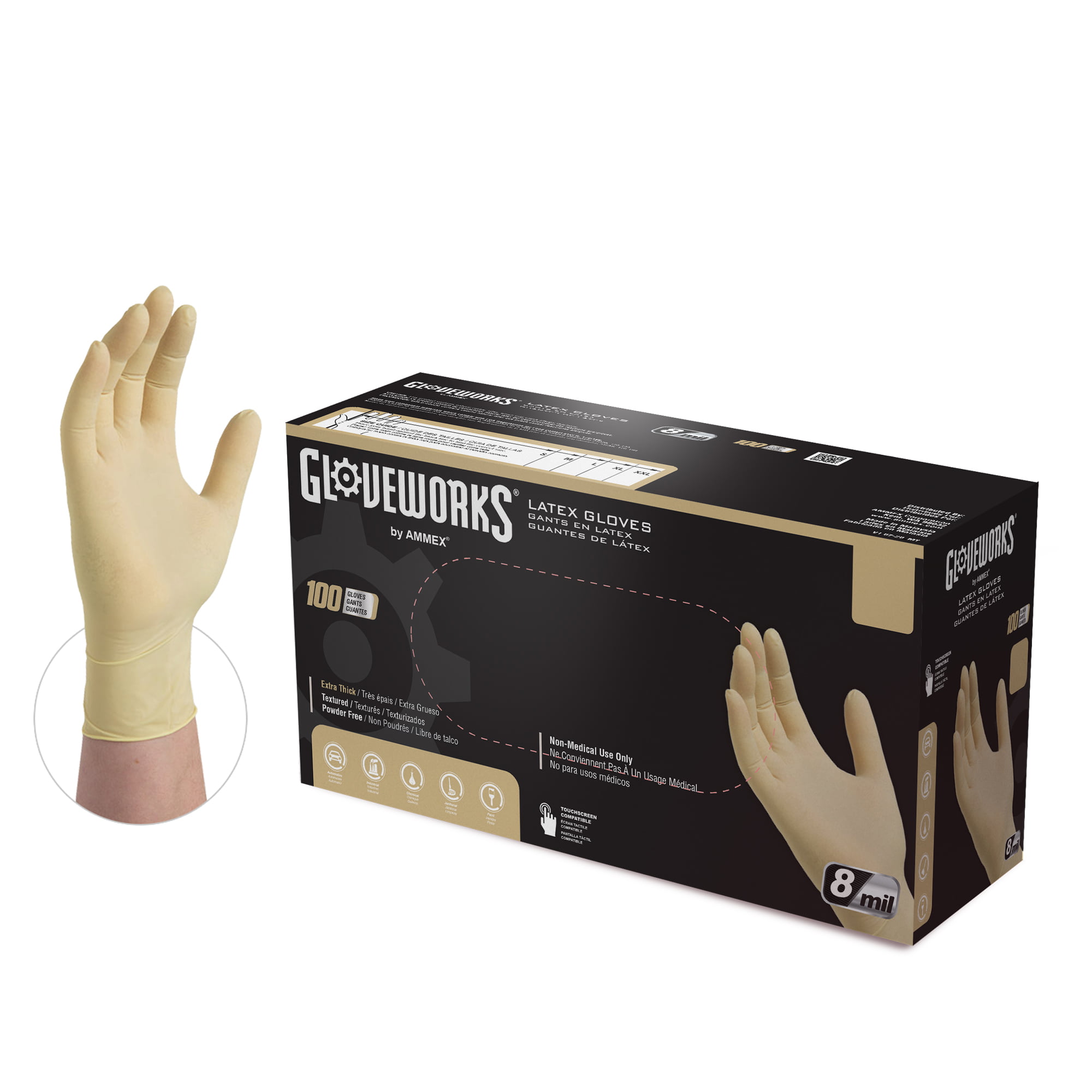 Disposable 8 mil Powder Free GLOVEWORKS HD Industrial White Latex Gloves Box of 100,Ivory XXLarge ILHD49100-BX Textured 
