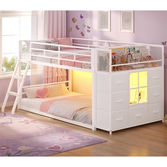Afuhokles Low Bunk Bed Twin Over Twin With 7 Large Fabric Drawers And Bookshelf, Rgb Led Lights, White