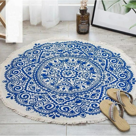 Round Area Rug with Tassel 36"x36" Blue and White Traditional Pattern Circle Area Rugs Non-Slip Floor Mat