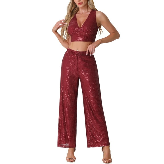 INSPIRE CHIC Sequin Sets for Women's Sparkle Tank Top Wide Legs Pants Cocktail Two Piece Outfit
