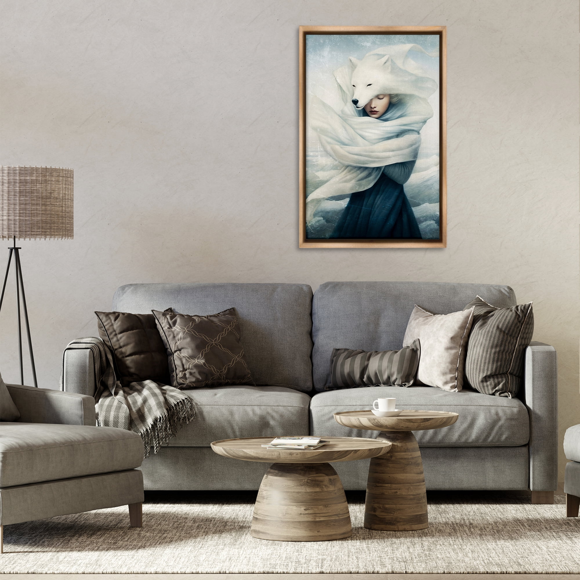 Stupell Industries Wolf Swathed Woman People Painting Brown Floater Framed Canvas Art Print Wall Art, 21 x 31