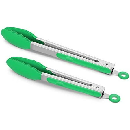 

Set of 2 Kitchen Tongs Premium Stainless Steel Locking 9-Inch & 12-Inch Silicone Grilling Barbeque Cooking Food Tong Dark Green