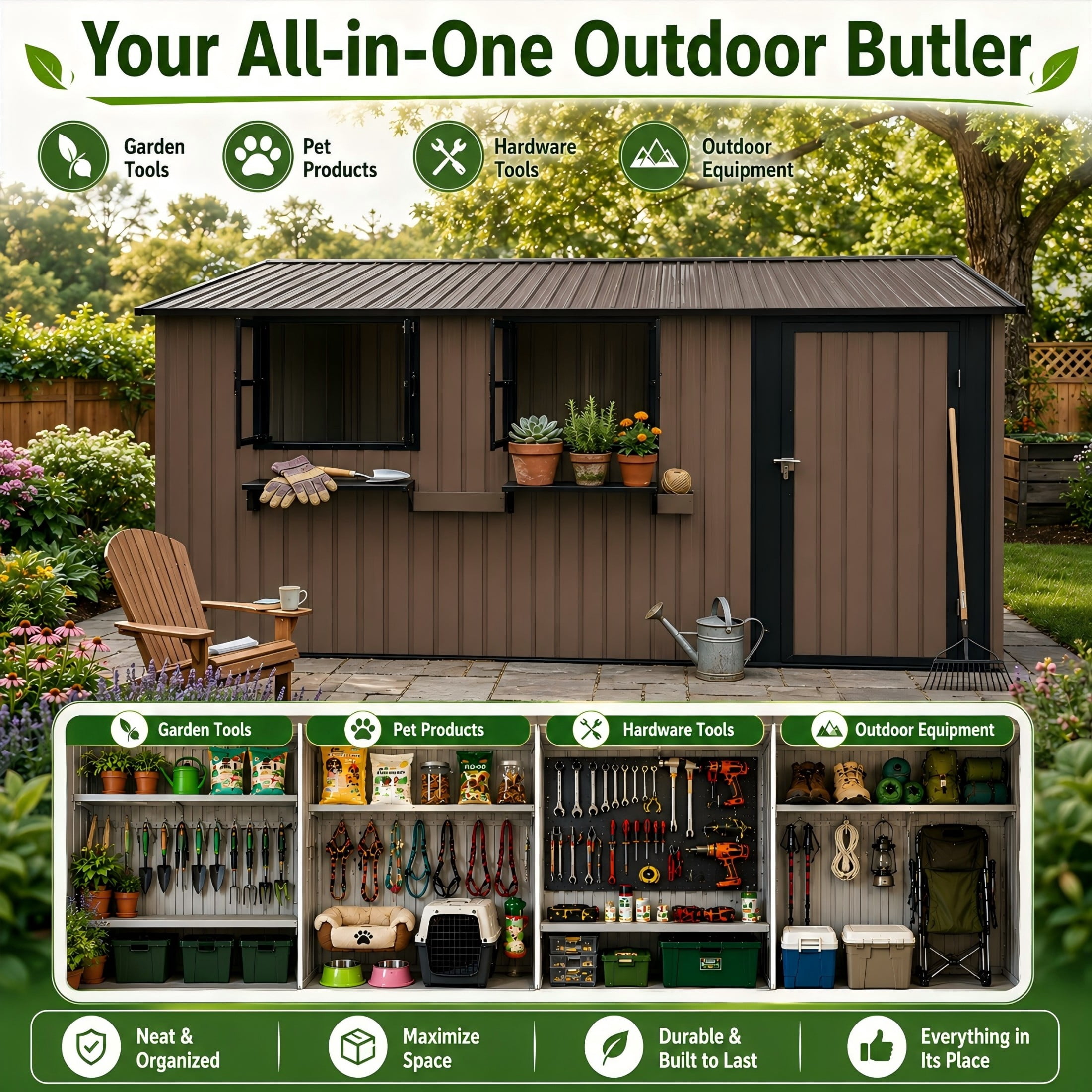 Aukfa 12x10 FT Outdoor Metal Storage Shed with 3 Windows & Flower Racks, Lockable Steel Garden Tool Shed for Lawn Mowers, Bikes and Patio Equipment, Brown