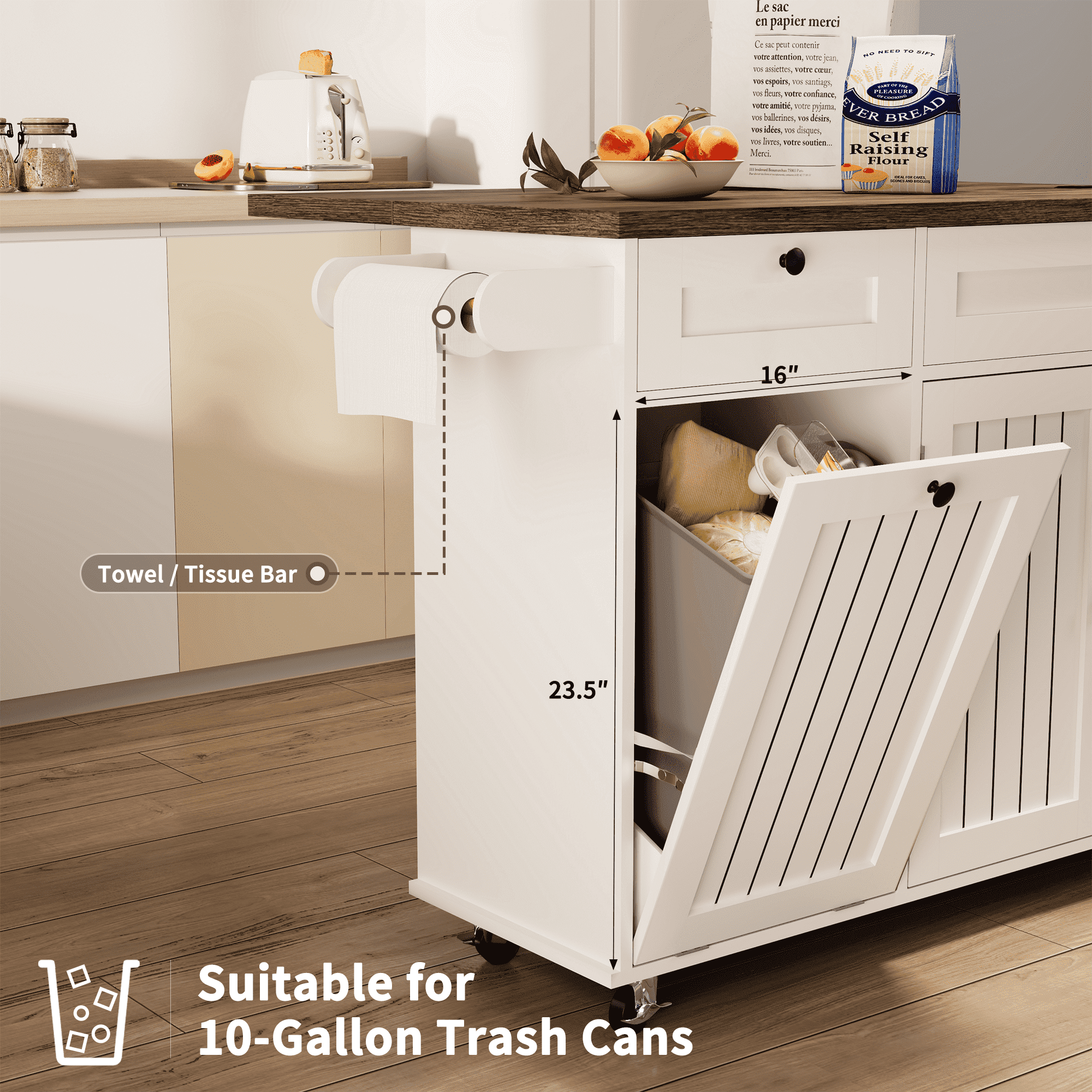 Mobile Folding Kitchen Island, Equipped with a power socket, USB interface, large capacity storage cabinet, drawers, 60 inch scroll wheel, kitchen island cart with hidden trash bin slot