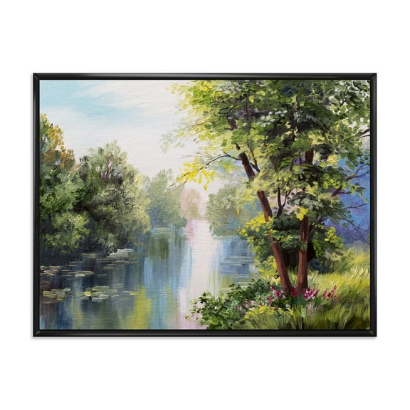 Lake In The Forest Summer Day - Landscape 20 in x 12 in Framed Painting Canvas Art Print, by Designart